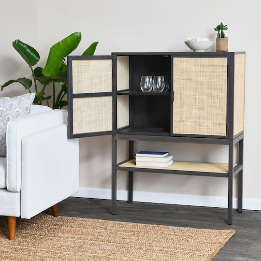 Hello Honey® 47" Boho Woven Rattan and Wood Cabinet with Doors, Shelf